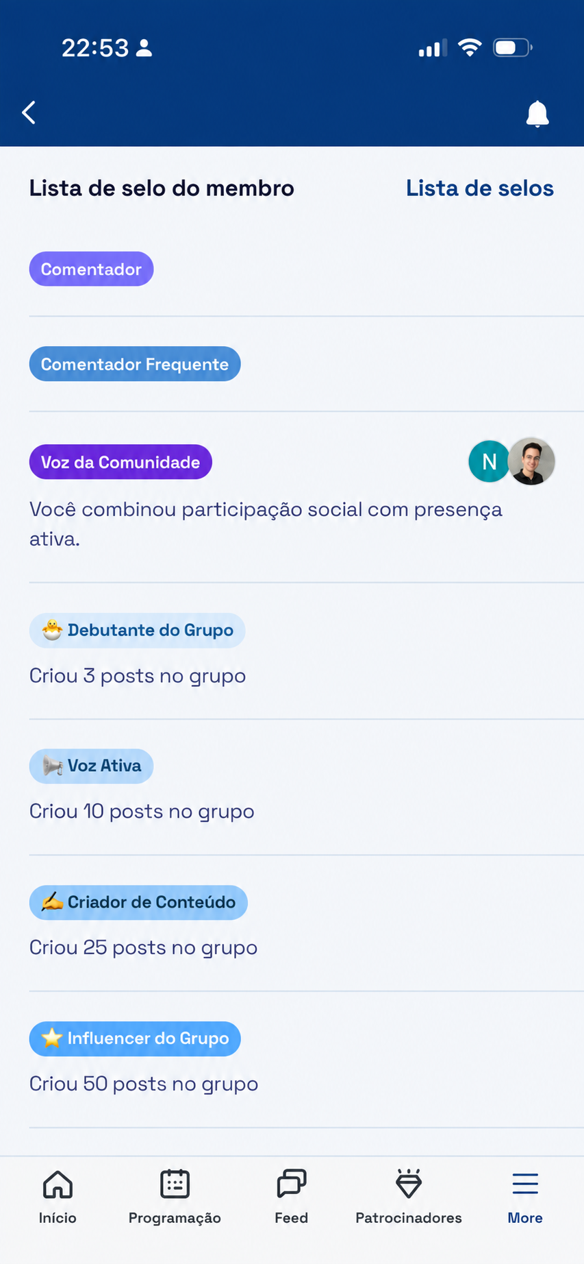 Lista real de selos conquistados no aplicativo
