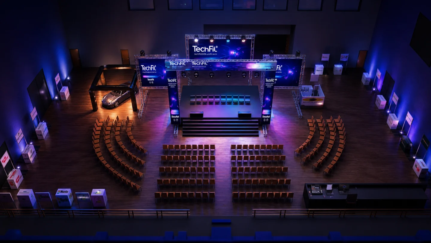 Vista do espaço preparado para o evento TechFil 2026